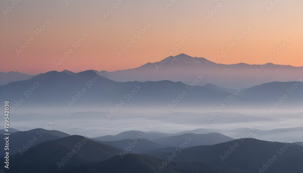 Sunrise Over a Range of Misty Mountains with a Gradient Sky