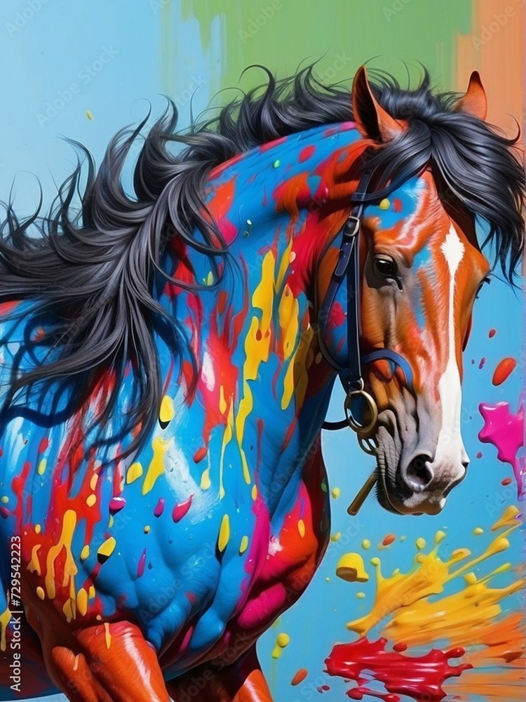 Vivid Realism. Bright and Highly Realistic Horse Splattered with Colorful Paint Vivid Realism. Bright and Highly Realistic Horse Splattered with Colorful Paint