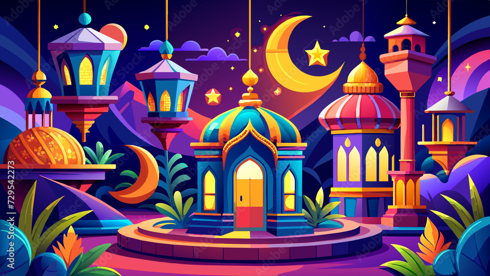 3D rendering of Ramadan lantern decoration background, Generative AI.