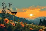 A glass of white wine against a background of meadow flowers, mountains and sunset