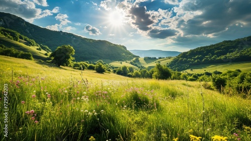 Sunlit wildflower meadow with a backdrop of hills and a vibrant blue sky with clouds. © Togrul