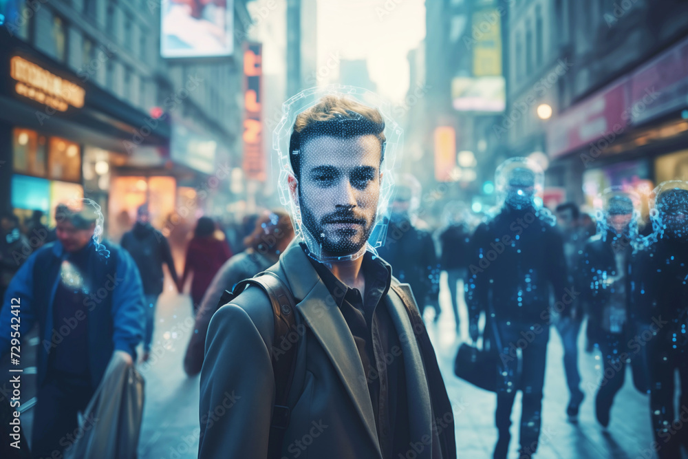 Facial recognition, search and surveillance of person. Man in modern city with holographic biometric scan sign on his face Facial recognition, search and surveillance of person. Man in modern city with holographic biometric scan sign on his face