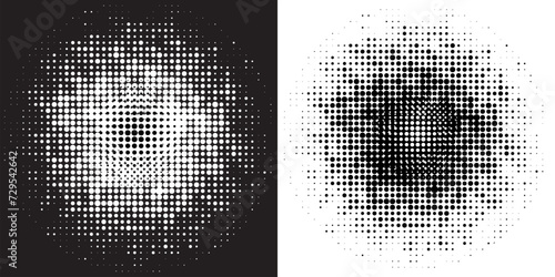 Halftone circle frame dotted background set. Round border Icon using halftone random circle dots raster texture. Grunge circular stain. Vector illustration. halftone dots arts