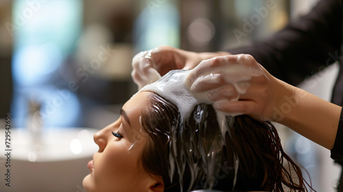 A professional hairstylist applying a nourishing hair treatment in a modern salon.