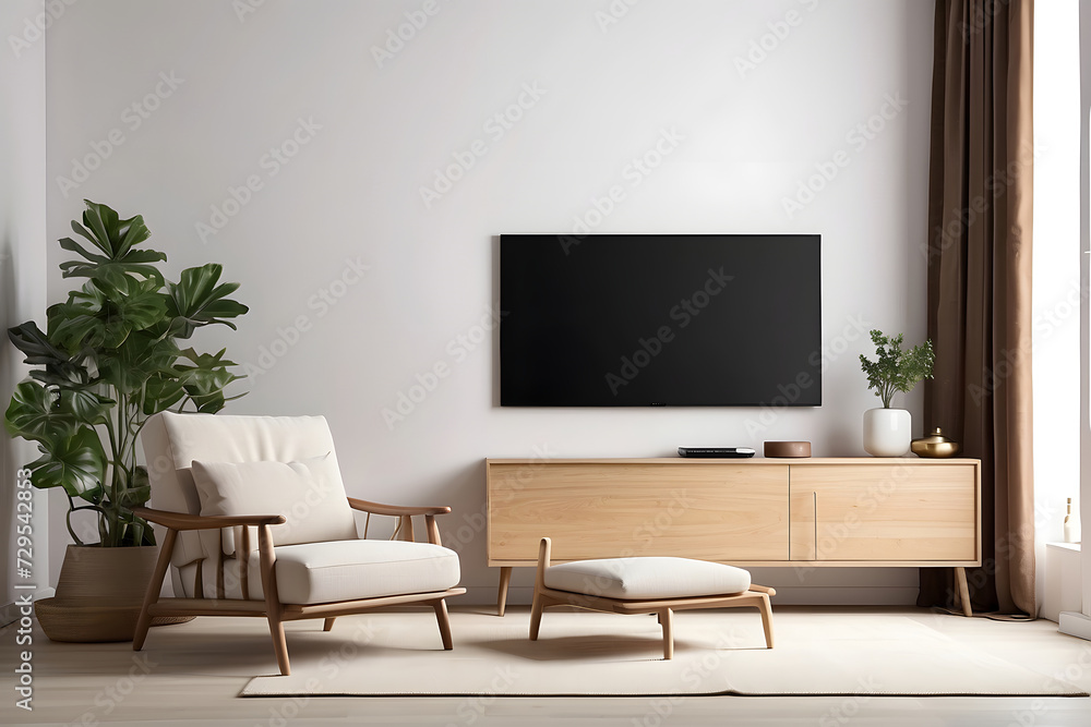 Mockup of a TV wall mounted with an armchair in the living room with a white wall design. Mockup of a TV wall mounted with an armchair in the living room with a white wall design.