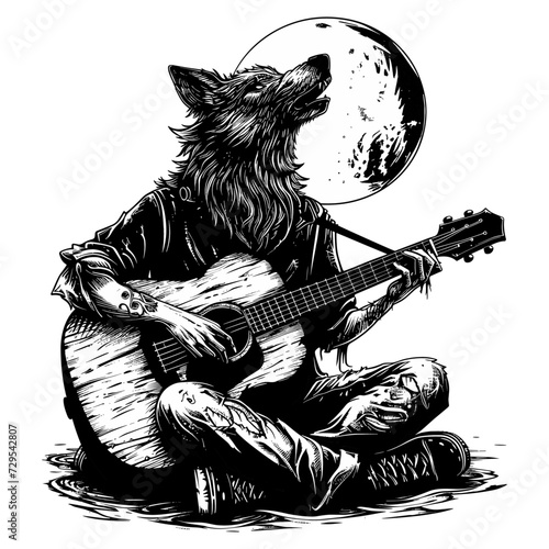 wolf play guitar, generative ai, vector illustration.