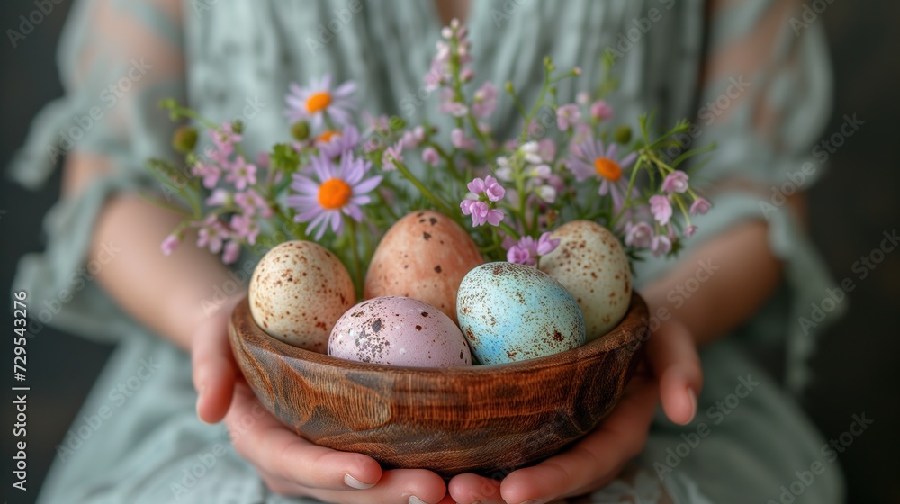Easter eggs and spring flowers in wooden bowl in hands on background of woman in rustic linen dress. Stylish easter and quail eggs in natural dye and spring blooms Easter eggs and spring flowers in wooden bowl in hands on background of woman in rustic linen dress. Stylish easter and quail eggs in natural dye and spring blooms