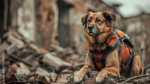 search and rescue dog in a vest on the ruins of a house