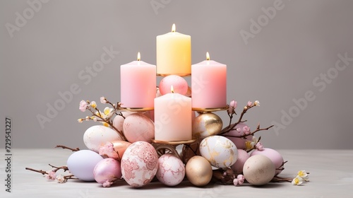 Easter candle and eggs, photo in light colors, plain background