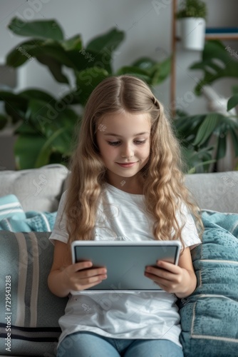 Cute little girl using digital tablet while sitting on sofa at home