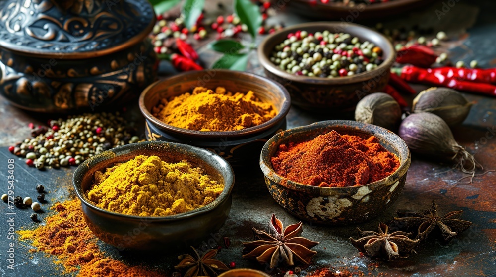 Colorful collection spices and herbs on background black table. Mediterranean condiments for decorating packing with food
