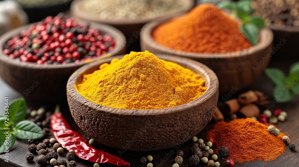 Colorful collection spices and herbs on background black table. Mediterranean condiments for decorating packing with food