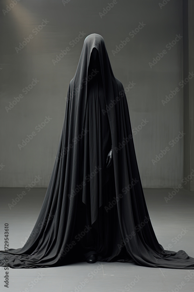 Human figure with black cloak, enigmatic, concealed person