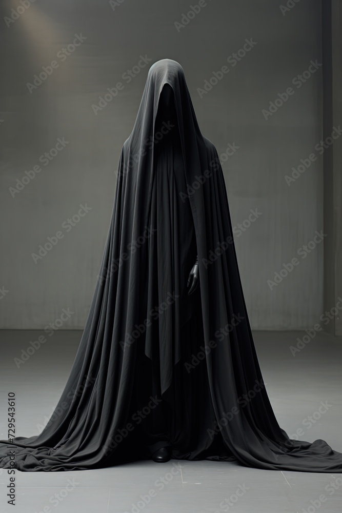 Human figure with black cloak, enigmatic, concealed person Human figure with black cloak, enigmatic, concealed person