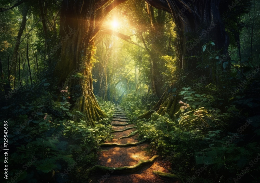 Radiant Pathway: Sunlight Filtering Through the Dense Woods