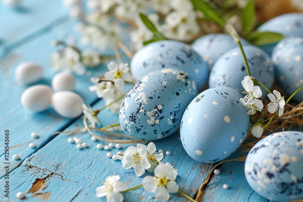 Obraz premium Easter eggs with sweets and flowers on beige. Happy Easter concept. White and blue eggs and cute nest with candy