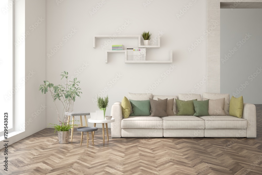 Modern minimalist interior with sofa on empty white color wall background. Interior mockup. Scandinavian interior design. 3D illustration Modern minimalist interior with sofa on empty white color wall background. Interior mockup. Scandinavian interior design. 3D illustration