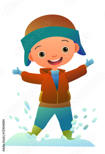 Boy splashing snow. Child in winter clothes. Fun frost. Winter clothes. Object isolated on white background. Cartoon fun style Illustration vector