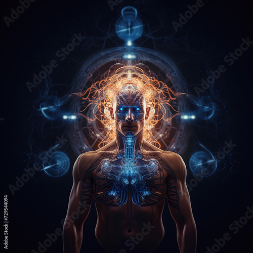 the human body with a organic and brain system, concept of Transhumanism, post-human © Blackdorian