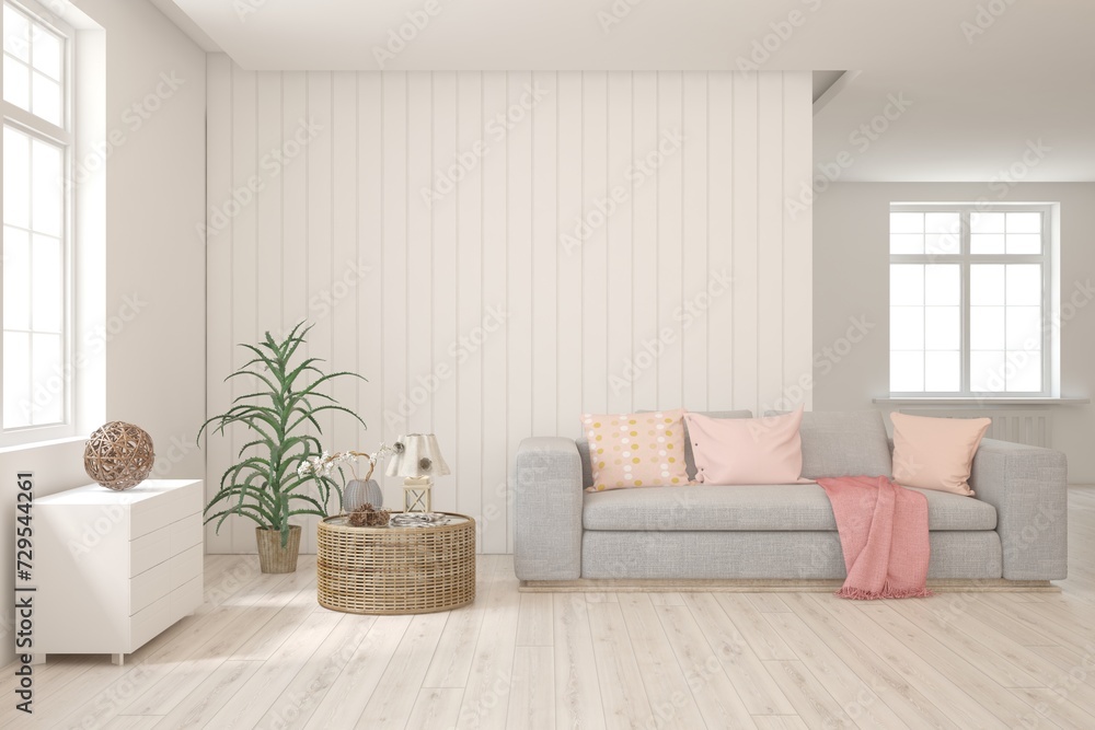 Fototapeta premium Modern minimalist interior with sofa on empty white color wall background. Interior mockup. Scandinavian interior design. 3D illustration
