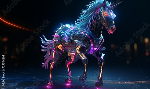 Digital neon galloping mechanical unicorn. Glowing cyber 3d techno horse with laser mesh and purple lighting and web line jumping energy