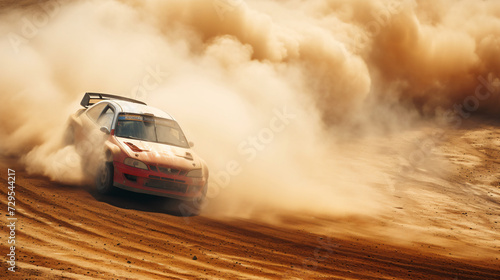 A rally car drifting on a dirt track kicking up clouds of dust capturing the spirit of motorsport and the thrill of driving. photo