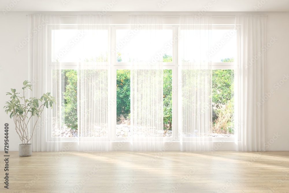 Fototapeta premium White empty room with summer landscape in window. Scandinavian interior design. 3D illustration