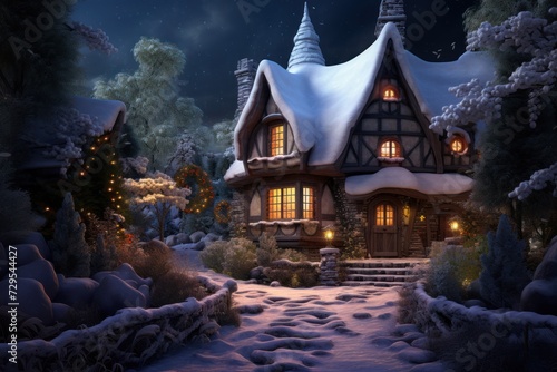 Festive night, a charming cottage surrounded by snow-covered trees. Christmas magic, snowy scene, and festive illumination.