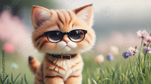 A baby cat with sunglasses in grass
