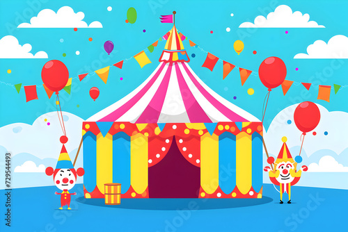 Two Clowns Are Holding Balloons In Front Of A Colorful Circus Tent