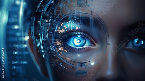 Modern woman embracing futuristic cyber technology: visionary eye panel concept