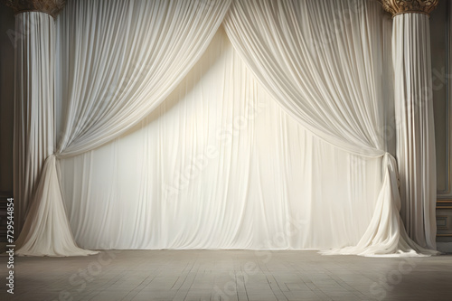 Elegant Décor: White Curtains Adorn the Wall, Minimalist Charm: Wall Accented with White Curtains - Ai Generated