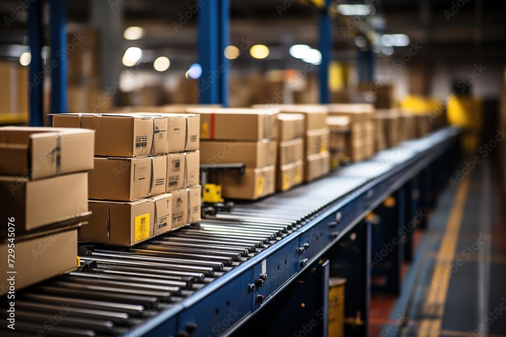 Organized Logistics: Boxes Glide Across a Conveyor Belt in a Warehouse, Reflecting Systematic Handling and Structured Operations Organized Logistics: Boxes Glide Across a Conveyor Belt in a Warehouse, Reflecting Systematic Handling and Structured Operations