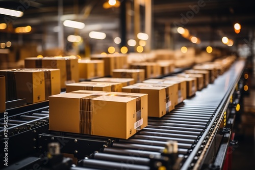 Effortless Flow: Boxes Move Smoothly Across a Conveyor Belt in a Warehouse, Illustrating Seamless Transportation and Handling