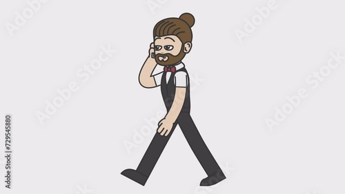 2d animation of walking white male bartender talking on the phone. Looped 4K video with alpha-channel.