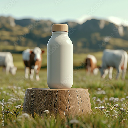 A bottle of milk on a stand, in the background there is a beautiful meadow with green grass and cows, an illustration for advertising proper nutrition and health. Modern agriculture. photo