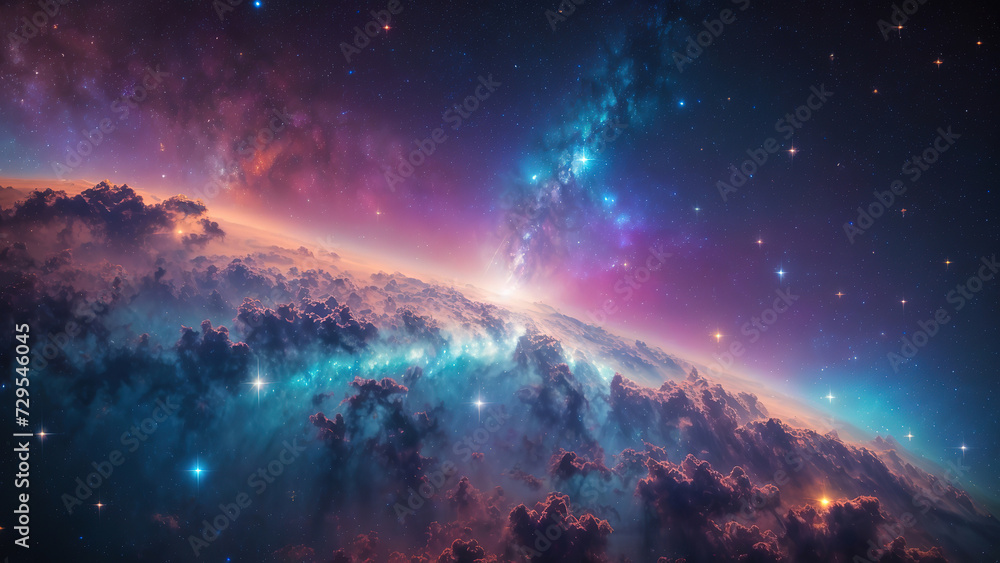 Awesome Fantastic abstract space landscape with stardust and planets