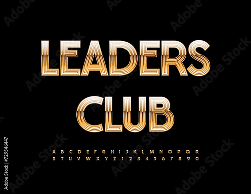 Vector trendy logo Leaders Club. Cool Gold Font. Modern Alphabet Letters and Numbers set.