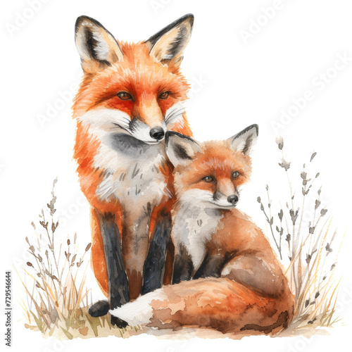 Cute little fox with mom. Watercolor painting. isolated