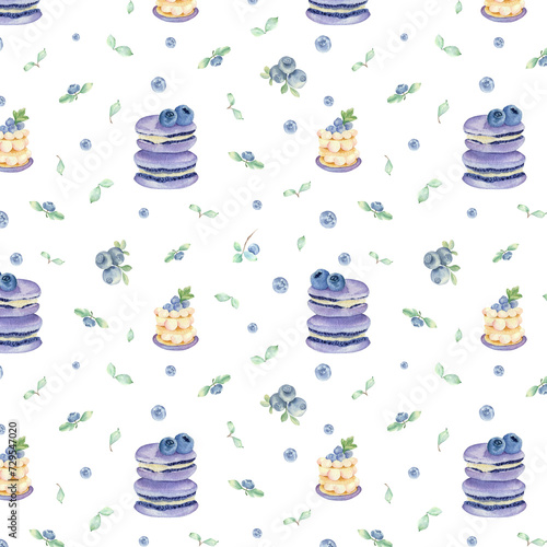 Watercolor seamless pattern with blueberry berries and blueberry dessert © filipok1988