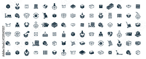 Delivery package 100 icons big set on white background. online delivery service business. Parcel container, packaging boxes, web design for applications.