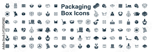 Delivery package 100 icons set on white background. online delivery service business. Parcel container, packaging boxes, web design for applications.