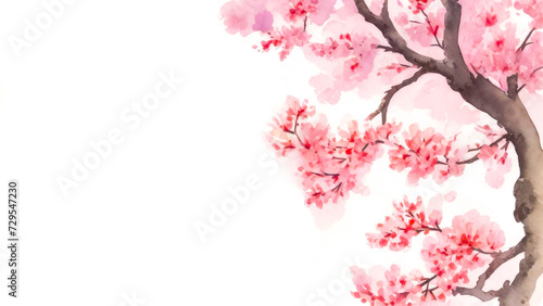 Banner with Sakura flowers of pink color on white. Branch of blooming sakura with copy space for text, watercolor. Valentine's Day, Easter, Birthday, Women's Day, Mother's Day