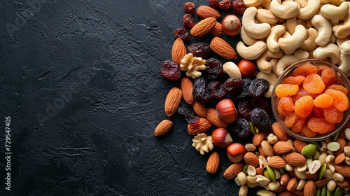 Mix of different types of nuts and dried fruit, healthy 
 photo