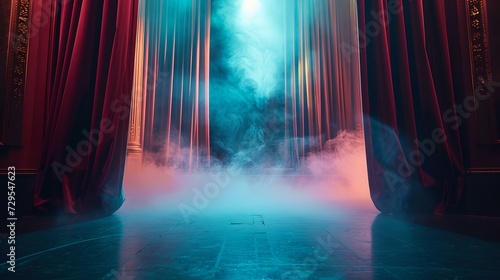 Theatrical curtain reveal with dramatic lighting on stage. mystery unfurls in a playhouse setting. showtime ambiance captured in image. AI