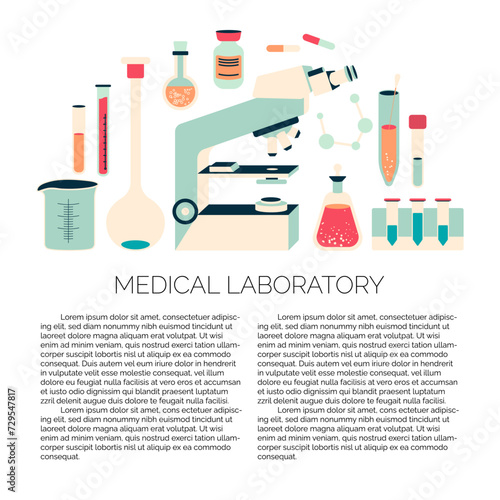 Vector brochure design template of medical laboratory with chemical elements like microscope  pills  flask and other scientific equipment