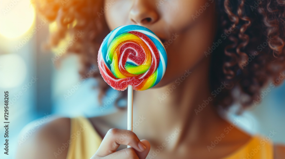 Young stylish woman in casual on multi-color background with coloful lollipop licking happy copy space. Girl licking colorful lollipop. Beautiful happy girl with a big candy. Young stylish woman in casual on multi-color background with coloful lollipop licking happy copy space. Girl licking colorful lollipop. Beautiful happy girl with a big candy.