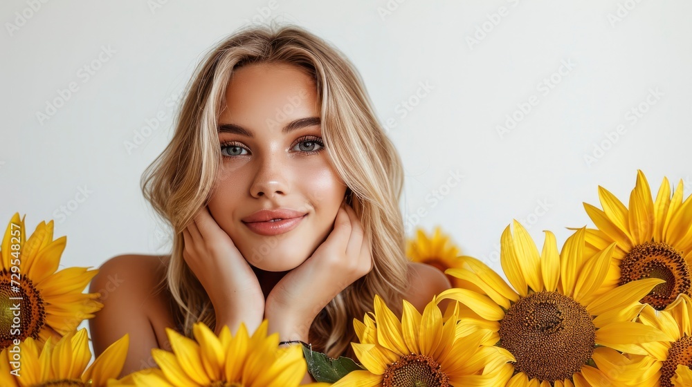 A Radiant Display of Sunflowers Surrounding a Person in a Light-Colored Studio Setting with Controlled Lighting A Radiant Display of Sunflowers Surrounding a Person in a Light-Colored Studio Setting with Controlled Lighting