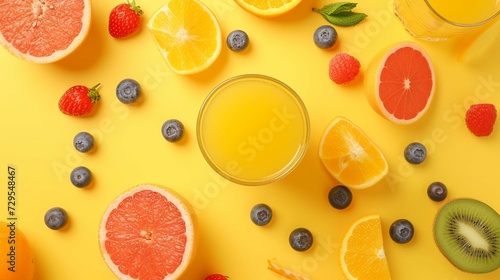  orange juice with fresh fruit on yellow background 