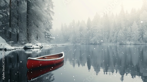 Canoe on a tranquil forest lake at snowy day  photo
